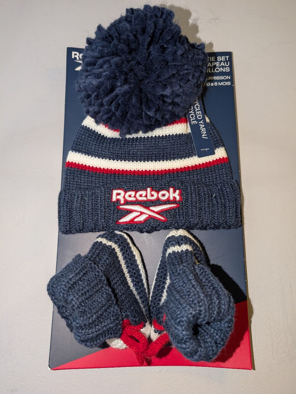 🆕 Reebok Baby Navy White & Red Pompom Hat with Matching Booties 0-6 Months Gift